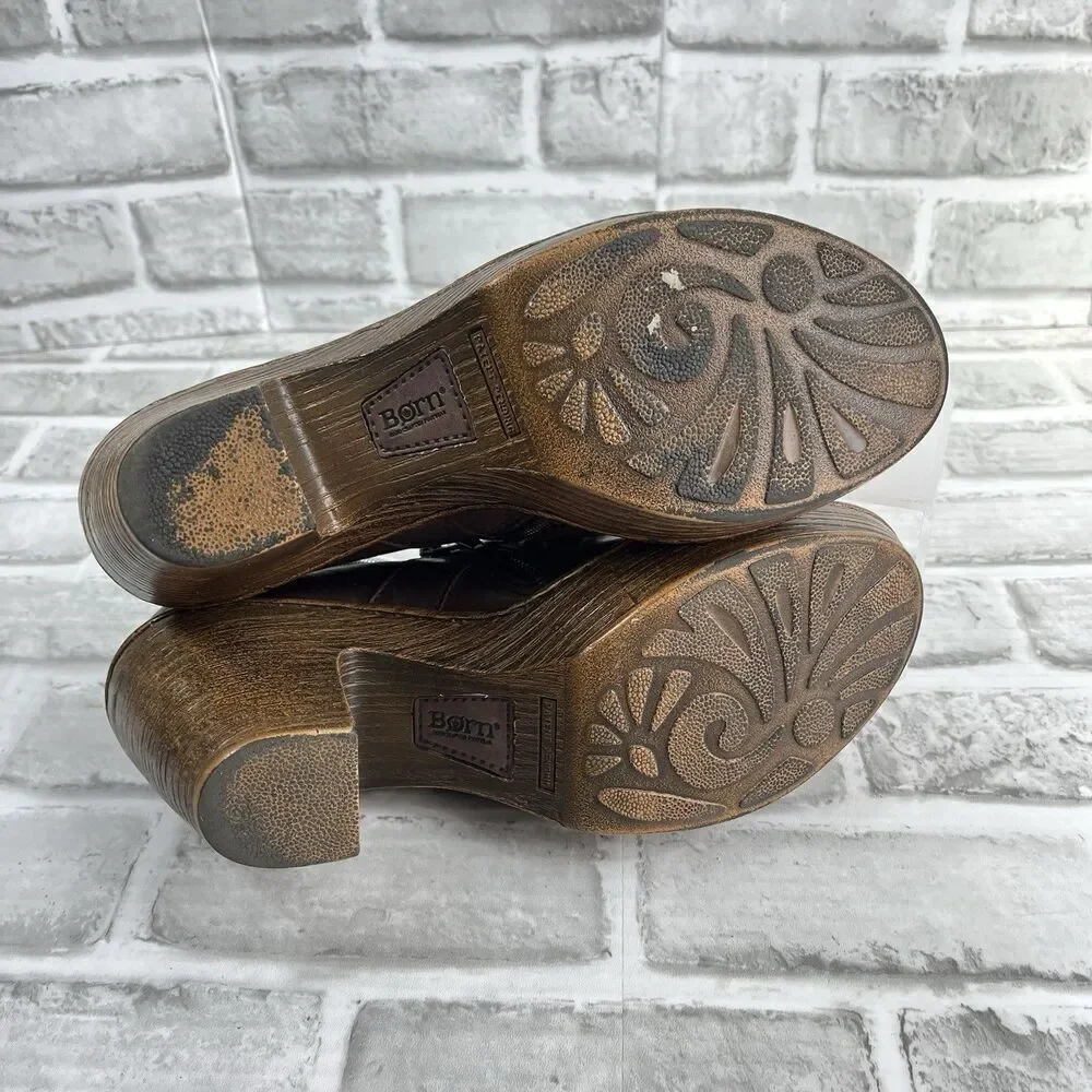 Born Haddon Women's Size 9 Block Heel Platform Brown Leather Comfy Boho Booties